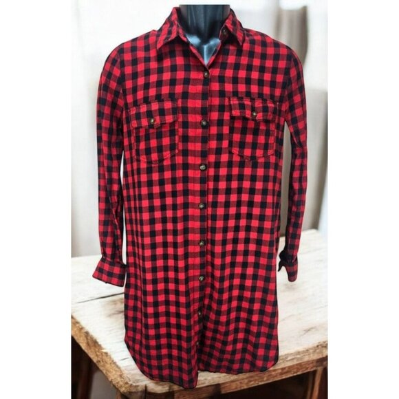 Heart & Hips Womens Red Plaid Button-Down Tunic Shirt Small - Picture 1 of 6
